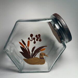 Libbey‎ of Canada Hexagon Glass Jar w/ Wood Lid Fired-On Duck Art Signed Jim